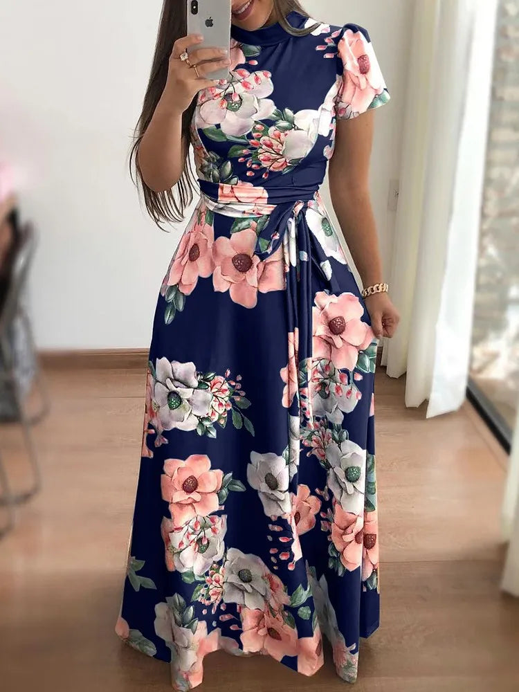 Women's Boho Floral Print Maxi Dress Elegant for Bandage Party Vestido with Long Sleeves for Summer Plain Dyed Casual Long Dress Good Vibrations