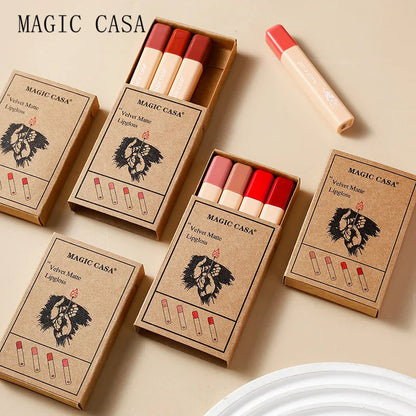 MAGIC CASA 4-Piece Matchstick Lip Gloss Gift Box Set Beauty Matte Lipstick Waterproof Non-Stick Cup Vegan Lip Glaze Good Vibrations