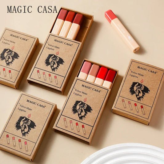 MAGIC CASA 4-Piece Matchstick Lip Gloss Gift Box Set Beauty Matte Lipstick Waterproof Non-Stick Cup Vegan Lip Glaze Good Vibrations