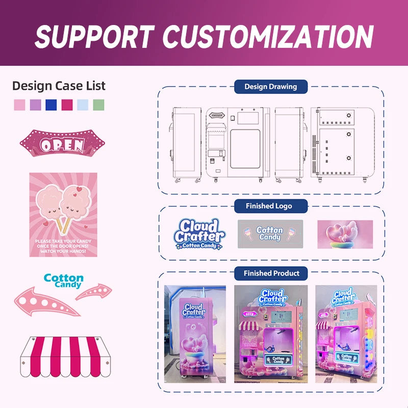JoyFunplay Manufacture Customized Coin Cash Full Automatic Cotton Candy Vending Machine Floss Flower Candy Machine Good Vibrations