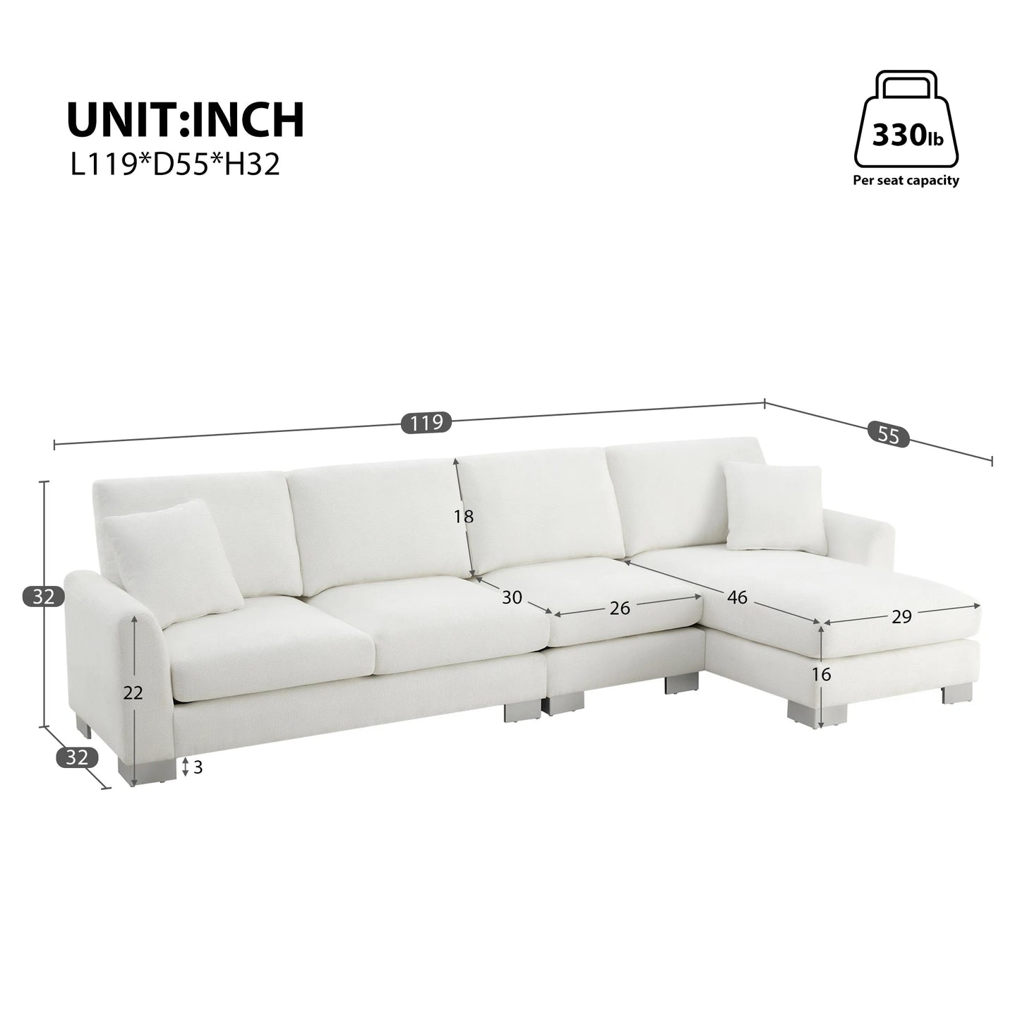 Modern Luxury 5-Seater L-Shaped Sectional Sofa Bed Oversized Chenille Indoor Furniture 2 Free Pillows for Living Room Apartment Good Vibrations