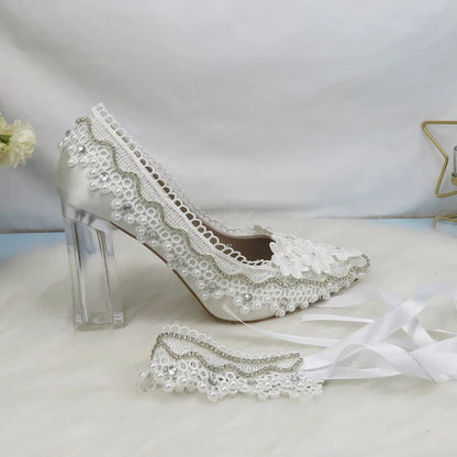 BaoYaFang New Arrival Thick Heel Pointed Toe Womens Wedding Shoes High Heels ladies fashion shoes woman White Lace ankle strap Good Vibrations