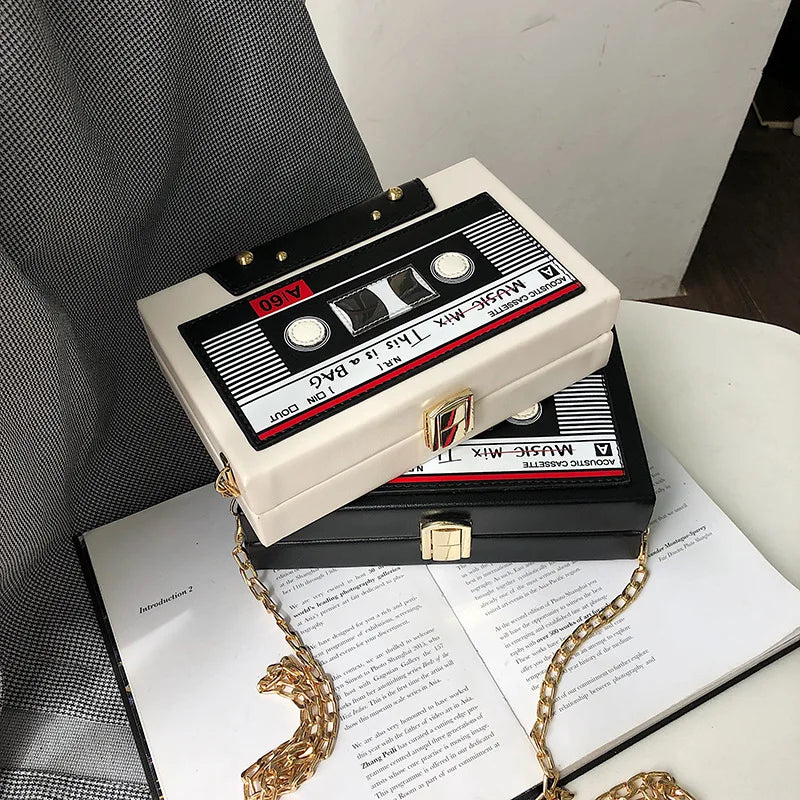 Women Shoulder Bag New Tape Recorder Women's Bags Cute Funny Cartoon PU Leather Chain Crossbody Bag Female Day Clutches Bag C172 Good Vibrations