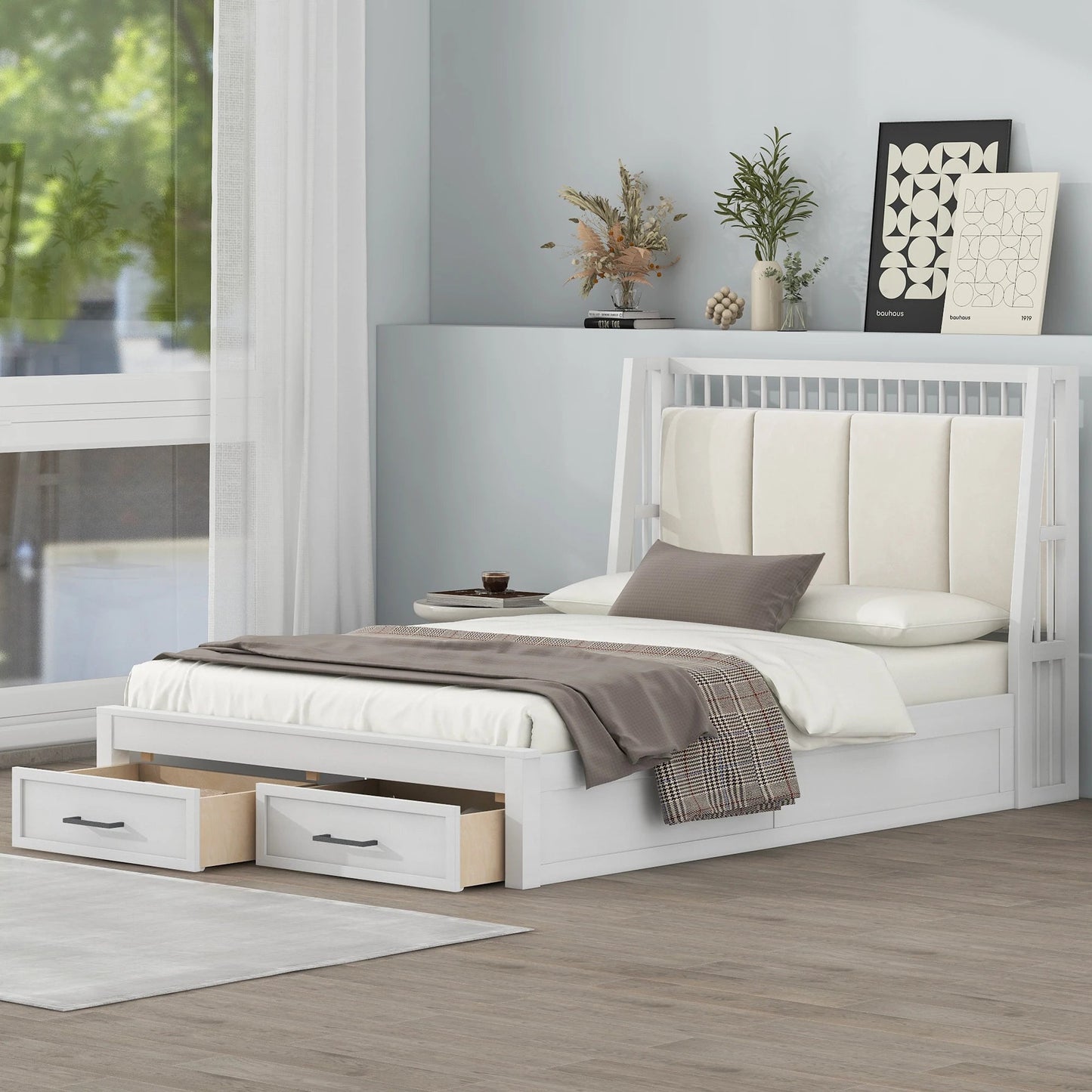 White Upholstered Wood Platform Bed with Headboard and 2 Drawers Good Vibrations