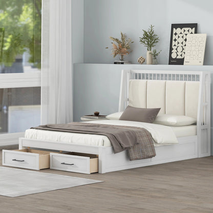 White Upholstered Wood Platform Bed with Headboard and 2 Drawers Good Vibrations