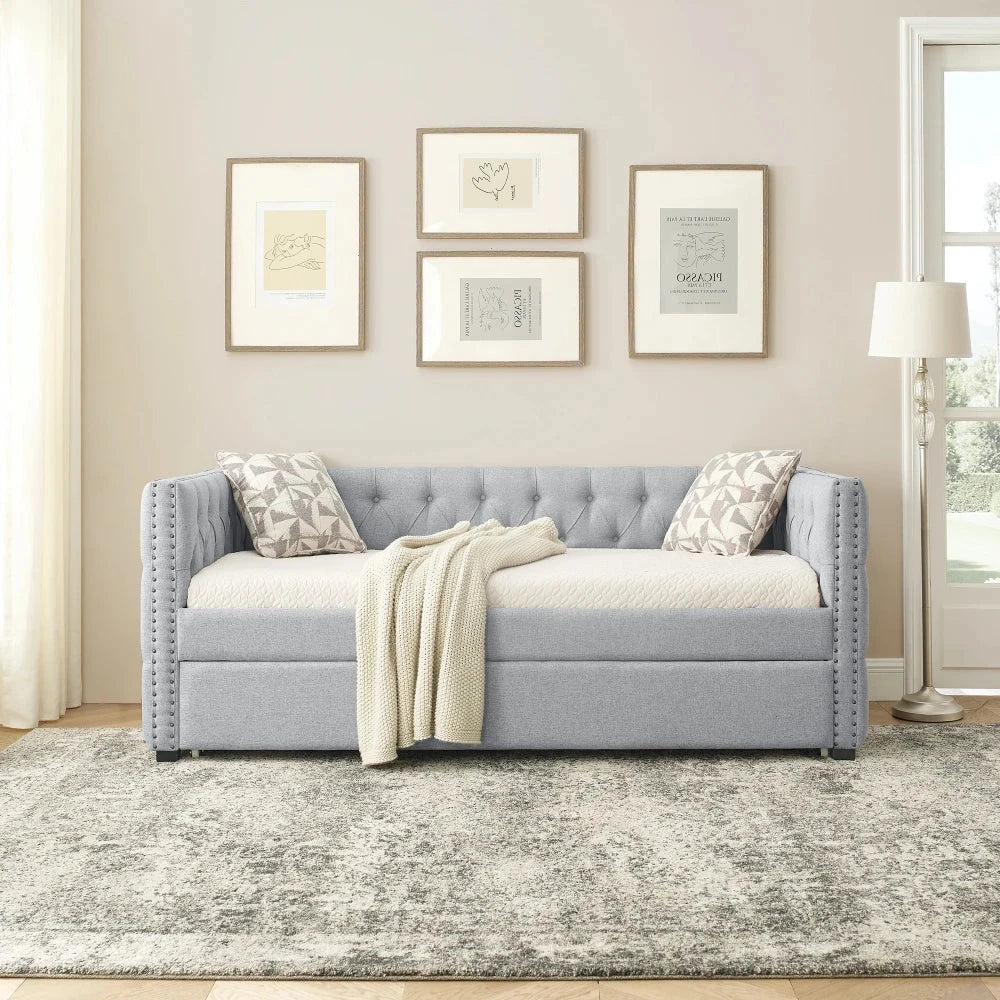 Daybed with Trundle Upholstered Tufted Extendable Sofa Bed with Button and Copper Nail on Square Arms Good Vibrations