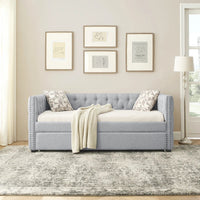 Daybed with Trundle Upholstered Tufted Extendable Sofa Bed with Button and Copper Nail on Square Arms Good Vibrations