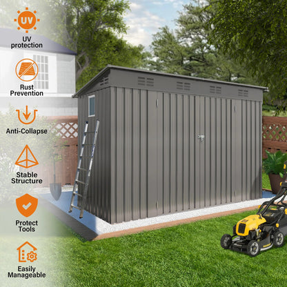 9X4FTfree Shipping in Stock  Gray Metal Garden Shed for Tools Sloping Roof 6 Vents 2 Swing Doors Steel Frame for Backyard Patio Good Vibrations