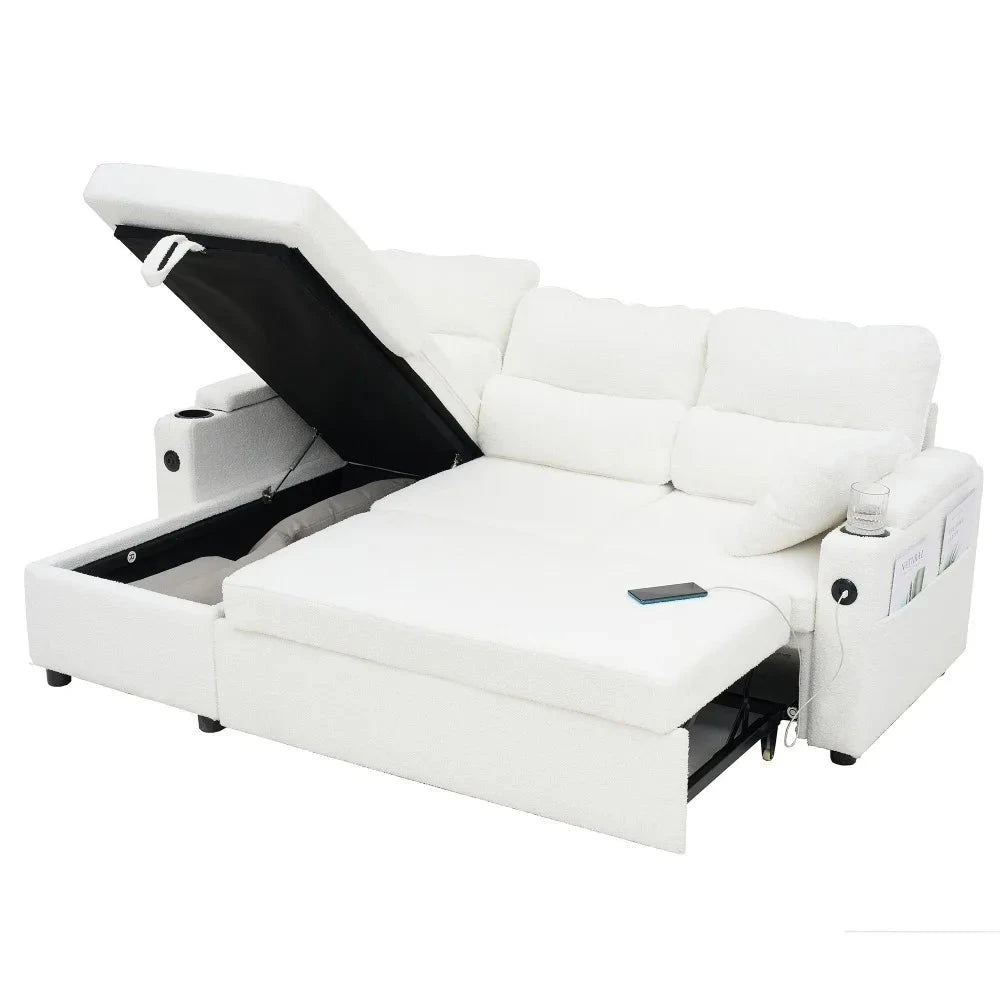 Convertible Sleeper Sofa 2in1, LShaped Sectional Futon Bed with Storage, USB Ports, Cup Holders, and Reversible Chaise Good Vibrations