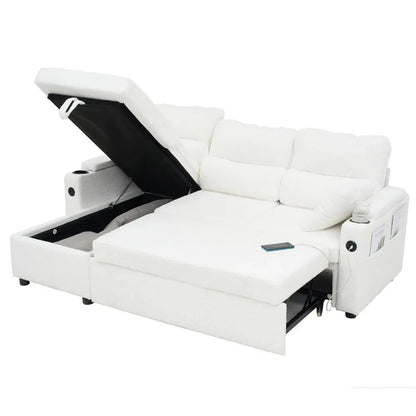 Convertible Sleeper Sofa 2in1, LShaped Sectional Futon Bed with Storage, USB Ports, Cup Holders, and Reversible Chaise Good Vibrations