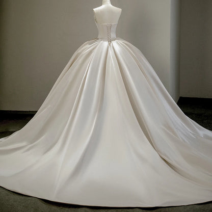 Satin Beaded Appliqued Bow Long Tail Bridal Ball Gown Wedding Dress Sfy184