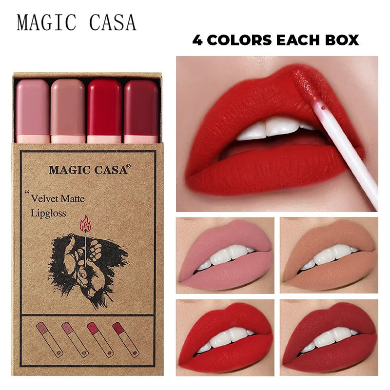 MAGIC CASA 4-Piece Matchstick Lip Gloss Gift Box Set Beauty Matte Lipstick Waterproof Non-Stick Cup Vegan Lip Glaze Good Vibrations