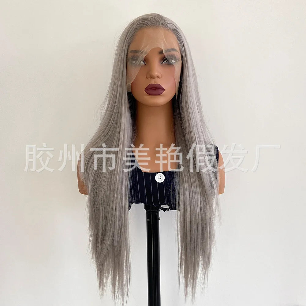 Qingdao Wig Factory Direct Sales Small Cap Size 13*4 Lace Wig Light Brown Lace Hot-Selling Long Straight Gray Chemical Fiber Wig Good Vibrations