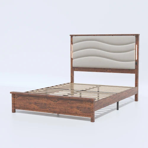 King Size Bed Frame with Upholstered Headboard, King Bed Frame with Charging Station and LED Lights, Wood Slats Good Vibrations