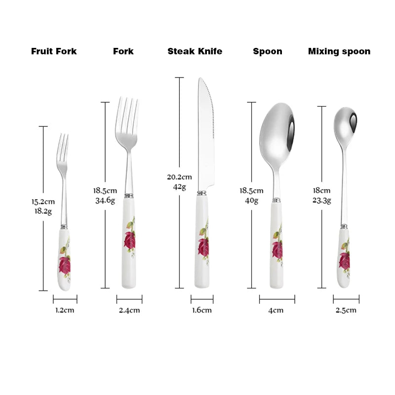 Ceramic Handle Tableware Set Stainless Steel Cutlery Set Steak Knife Fork Coffee Spoon Dessert Dinnerware Rose Flowers Pattern Good Vibrations