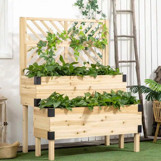 Raised Garden Bed with Trellis, 2 Tier Wooden Elevated Planter Box with Legs and Metal Corners for  Flowers, Natural Good Vibrations