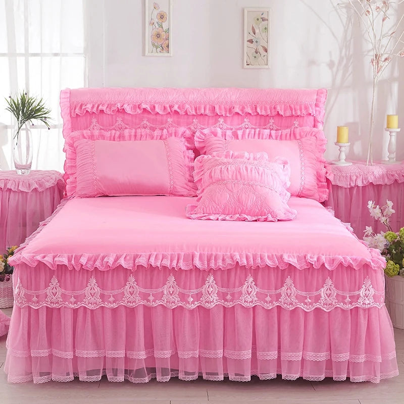 Princess 1 Piece Lace Bed Skirt + 2 Piece Pillowcases Bedding Bedspreads Sheet Pink Lace Bedding Set Bed For Girl Bed Cover