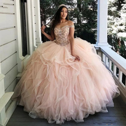 QD1571 Light Pink Short Sleeve Quinceanera Dresses Sweet 15 Princess Ball Gown 2025 Lace Sequined Beads Tiered Pageant Party Good Vibrations