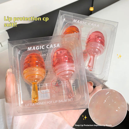 MAGIC CASA 2-Pcs Set Little Honey Pot Lip Oil Cute Lip Gloss Moisturizing Lip Line Hydrating Good Vibrations