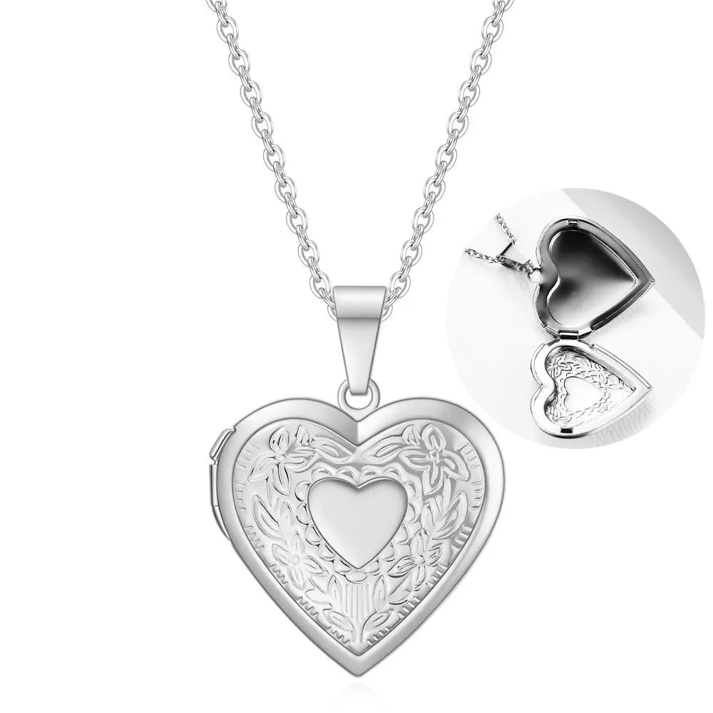 Fashion Heart Locket Pendant Necklaces for Women Openable Photo Frame Floral Stainless Steel Necklaces Family Love Collar Good Vibrations