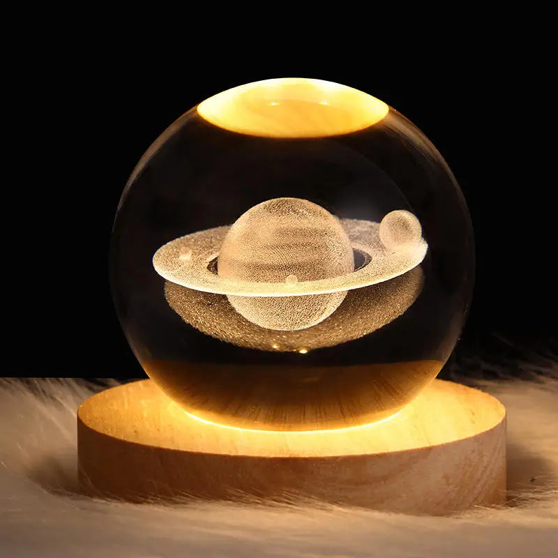 Gift Custom 3d Art 6cm Crystal Ball Night Lamp Luminous USB Wood Base Glowing Decoration Solar System Led Night Lights Good Vibrations