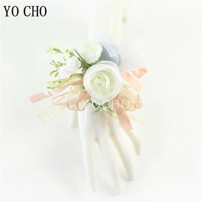 Wedding Groom Boutonniere Bride Bridesmaid Women Hand Wrist Flower Silk Rose Boutonniere Buttonhole for Marriage Party Flower Good Vibrations