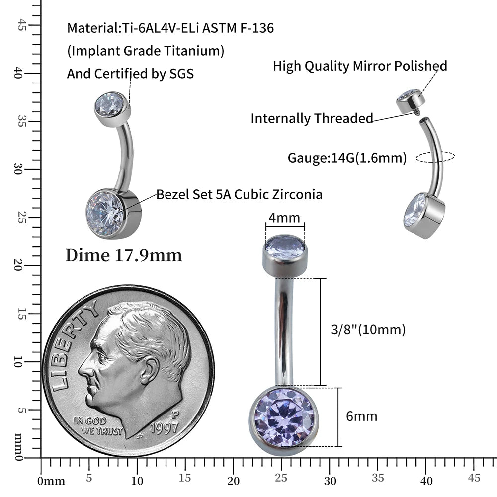 Right Grand ASTM F136 Titanium Belly Button Rings 10mm 12mm with Round CZ Internally Threaded Navel Rings Belly Bars Good Vibrations