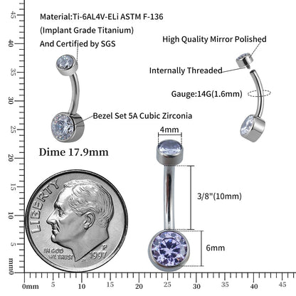 Right Grand ASTM F136 Titanium Belly Button Rings 10mm 12mm with Round CZ Internally Threaded Navel Rings Belly Bars Good Vibrations