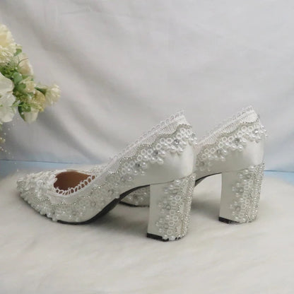 BaoYaFang New Arrival Thick Heel Pointed Toe Womens Wedding Shoes High Heels ladies fashion shoes woman White Lace ankle strap Good Vibrations