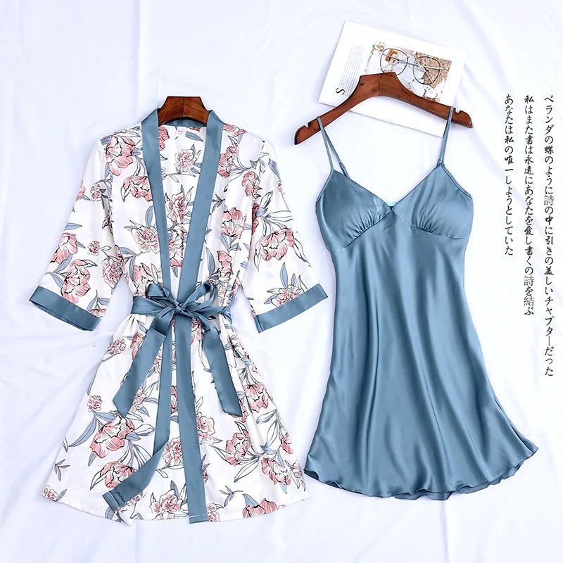 Women Satin Sexy Sets Ladies Nightgown Print Two-pieces Silk Sleepwear Robe+Nightdress Lounge Sets Pijama Good Vibrations