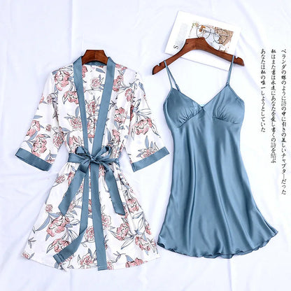 Women Satin Sexy Sets Ladies Nightgown Print Two-pieces Silk Sleepwear Robe+Nightdress Lounge Sets Pijama Good Vibrations