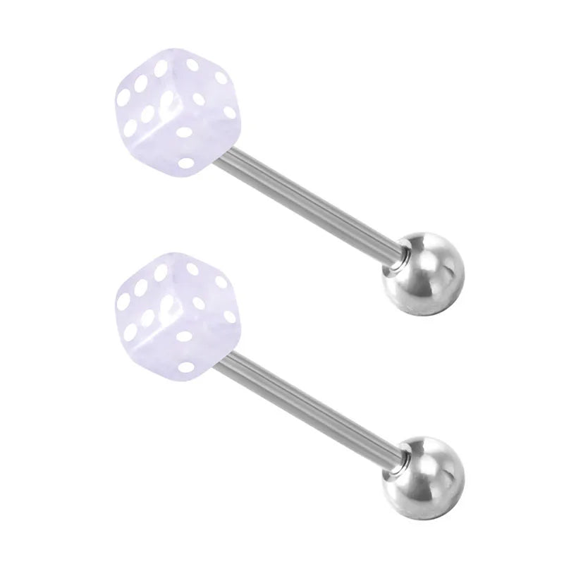2pcs Good Luck Dice Tongue Ring Surgical Steel Tongue Piercing Barbell Colorful Labret Stud Bar for Women Men Body Jewelry 14G Good Vibrations
