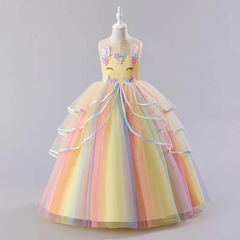 Kids Unicorn Girl Dresses Flower Appliques Princess Dresses Children Wedding Birthday Party Costume Evening Formal Gown Good Vibrations