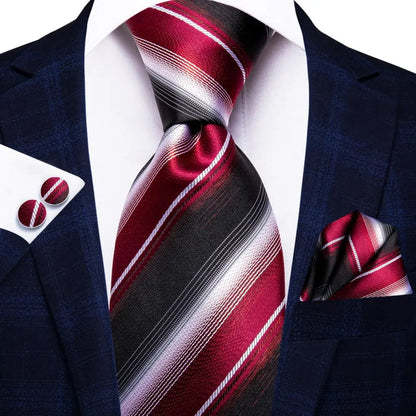 Black Red Striped Silk Wedding Tie For Men Handky Cufflink Gift Men Necktie Fashion Business Party Dropshiping Hi-Tie Designer Good Vibrations