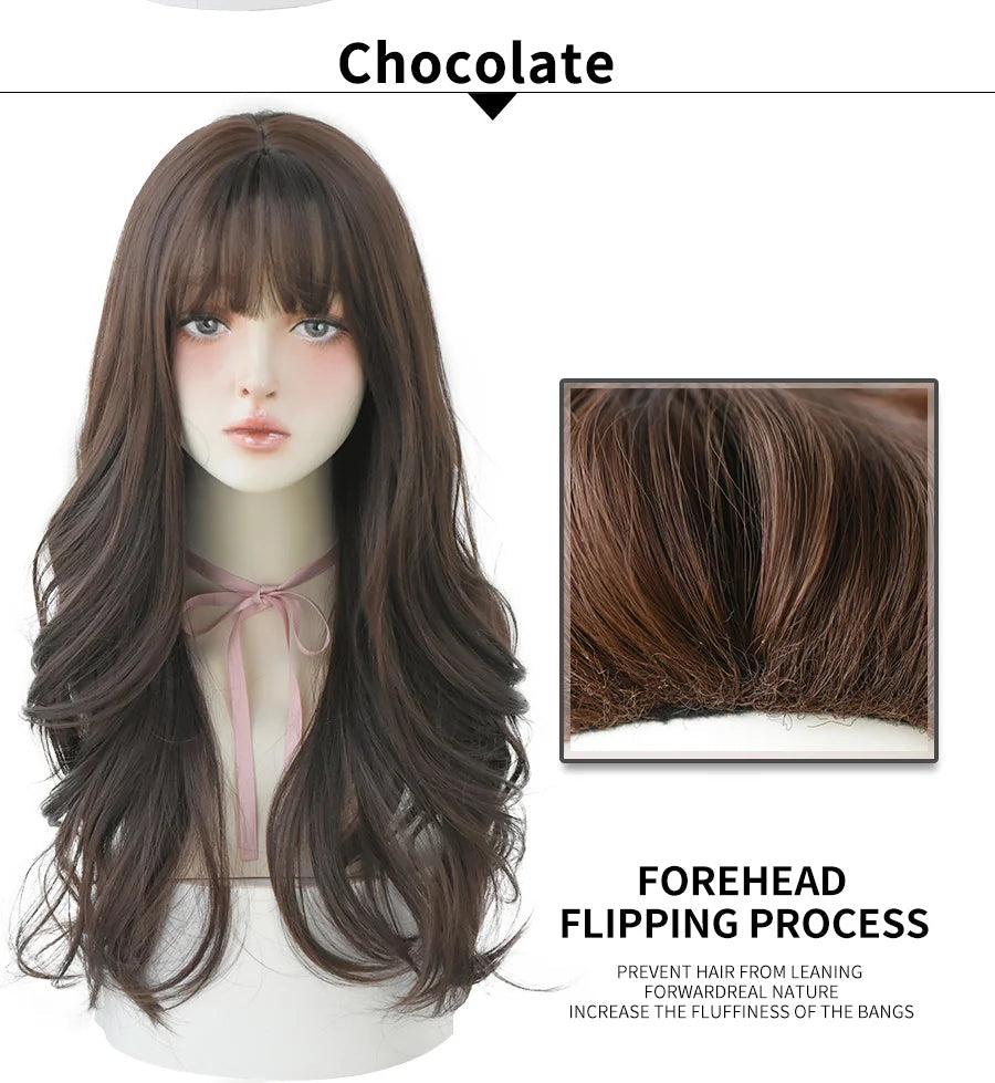 7JHHWIGS Long Wavy Synthetic Black Wigs For Women With Fringe Fashion Heat Resistant Mid-Length Daily Straight Light Brown Hair Good Vibrations