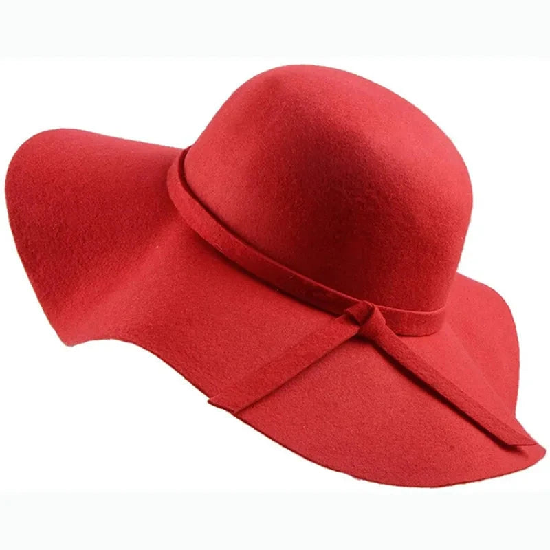 British Style Felt Hats for Women, Big BrimTop Hat, Flat Brim, White Cap for Lady, Autumn and Winter Good Vibrations