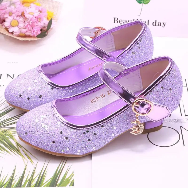Children Princess Shoes student dance shoes for Girls High Heel Sandals Dress Purple Kids Leather Glitter Crystal Shoes Banquet Good Vibrations