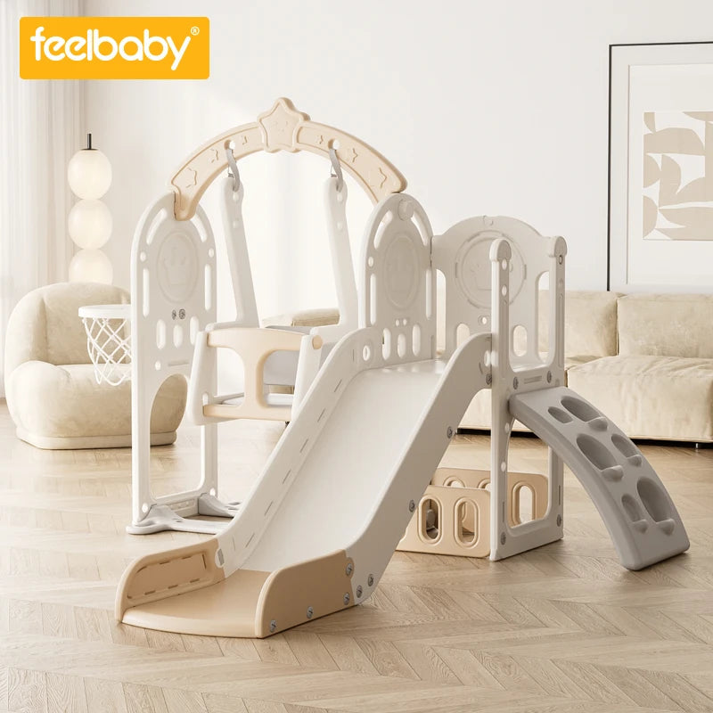 Feelbaby White Plastic Indoor Playground Set Swings Slide for Kids Home Garden Use-PE Material for Educational Shopping Mall Use Good Vibrations