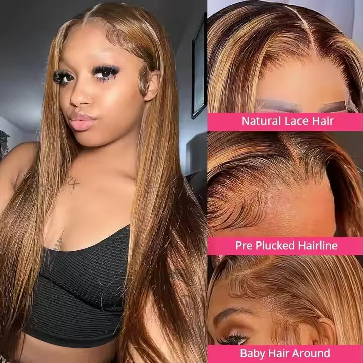 P4/27 Highlight Color Lace Front Straight Wig Raw Indian Hair Honey Blonde 5x5 HD Lace Frontal Human Hair Wigs for Women Good Vibrations