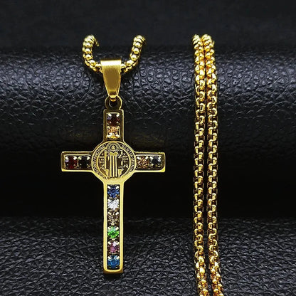 Catholic Jesus Cross Stainless Steel Necklace Saint Benedict Crystal Virgin Mary Pendant Crucifix Male Necklaces Jewelry cruz Good Vibrations