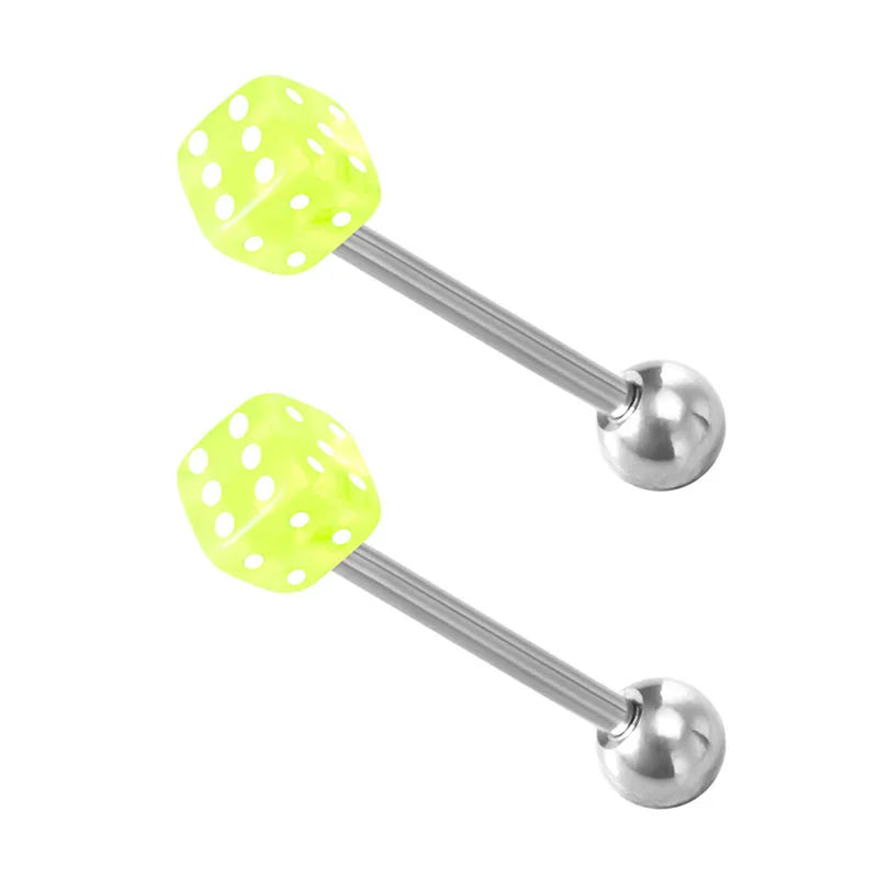2pcs Good Luck Dice Tongue Ring Surgical Steel Tongue Piercing Barbell Colorful Labret Stud Bar for Women Men Body Jewelry 14G Good Vibrations