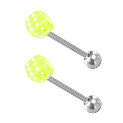 2pcs Good Luck Dice Tongue Ring Surgical Steel Tongue Piercing Barbell Colorful Labret Stud Bar for Women Men Body Jewelry 14G Good Vibrations