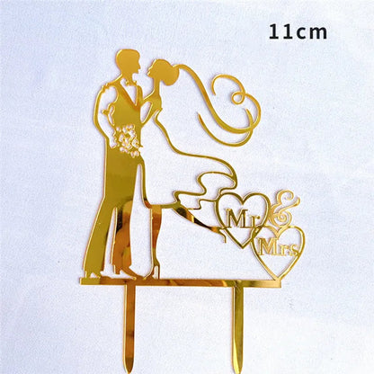 Bride and Groom Wedding Party Cake Topper Decoration Golden Acrylic Mrs & Mrs Engagement Party Cake Toppers Gift Baking Supplies Good Vibrations