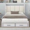 White Upholstered Wood Platform Bed with Headboard and 2 Drawers Good Vibrations