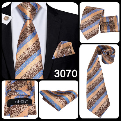 Hi-Tie Champagne Gold Striped Paisley Solid Men Silk Wedding Tie Fashion Design Necktie For Men Hanky Cufflink Business Party Good Vibrations