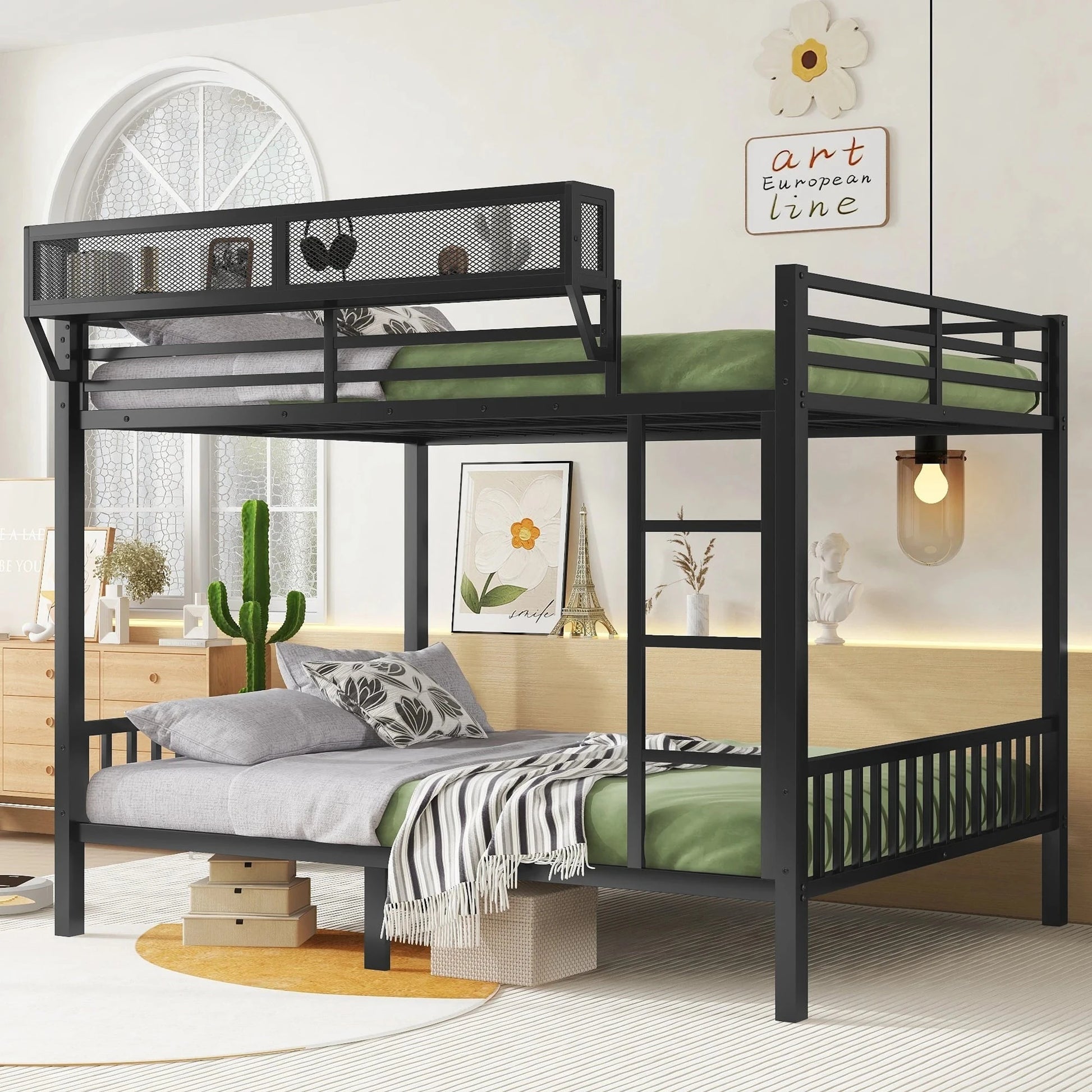 Modern Black Over Queen Metal Bunk Bed with Adjustable Ladder and Slats for Adults and Teens Good Vibrations