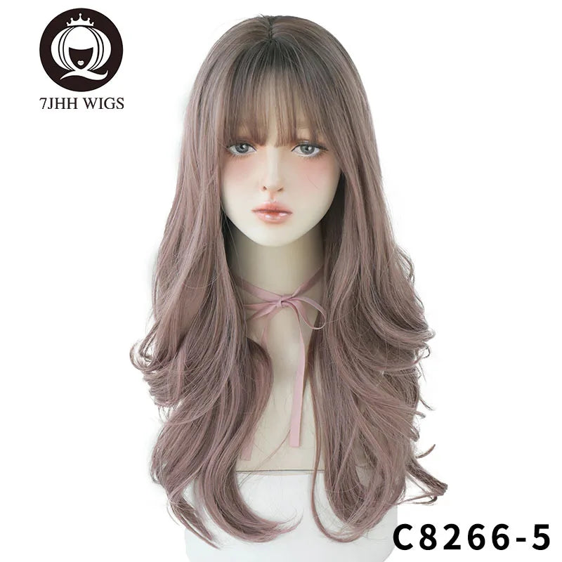 7JHHWIGS Long Wavy Synthetic Black Wigs For Women With Fringe Fashion Heat Resistant Mid-Length Daily Straight Light Brown Hair Good Vibrations