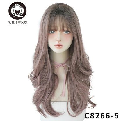 7JHHWIGS Long Wavy Synthetic Black Wigs For Women With Fringe Fashion Heat Resistant Mid-Length Daily Straight Light Brown Hair Good Vibrations