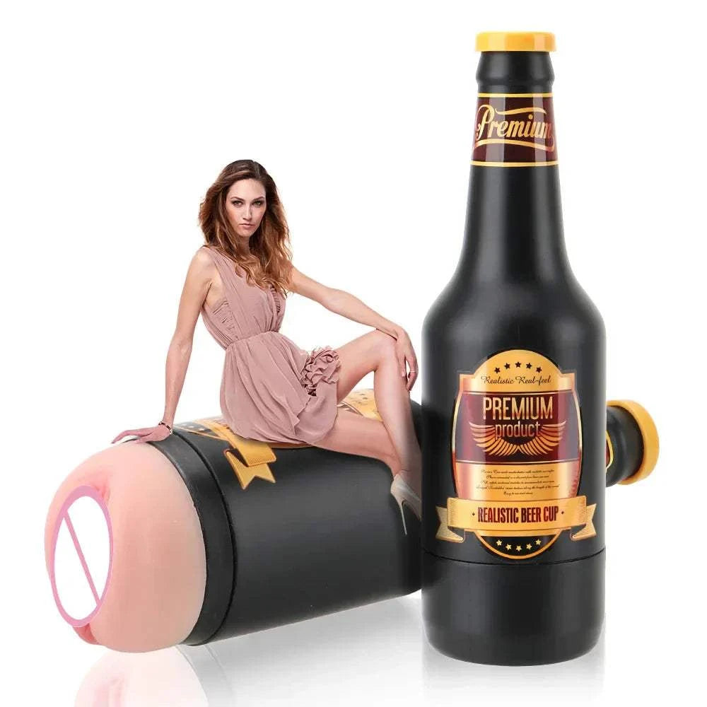 Beer bottle male masturbator with realistic vaginal texture, discreet design.