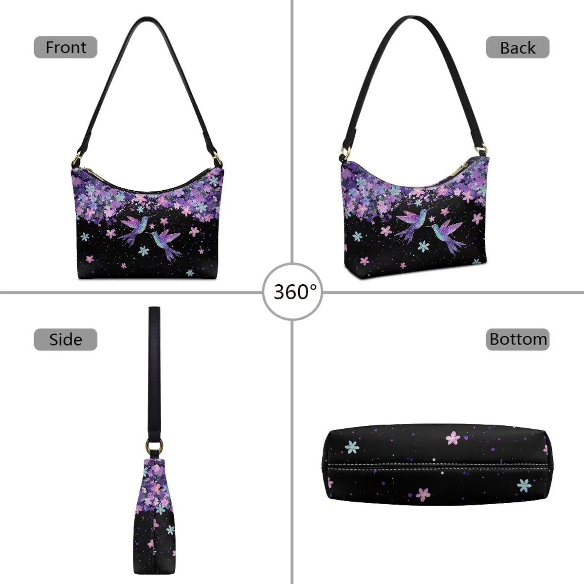 Nice Purple Flowers Birds Print Women's Single Shoulder Bag Fashionable Underarm Design Zip Portable All-Match Mother's Day Gift Good Vibrations